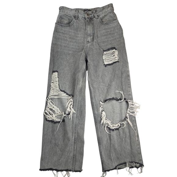 PrettyLittleThing Denim - PrettyLittleThing | Grey, Distressed Jeans w/Eyes Stenciled on Pockets | Size 2